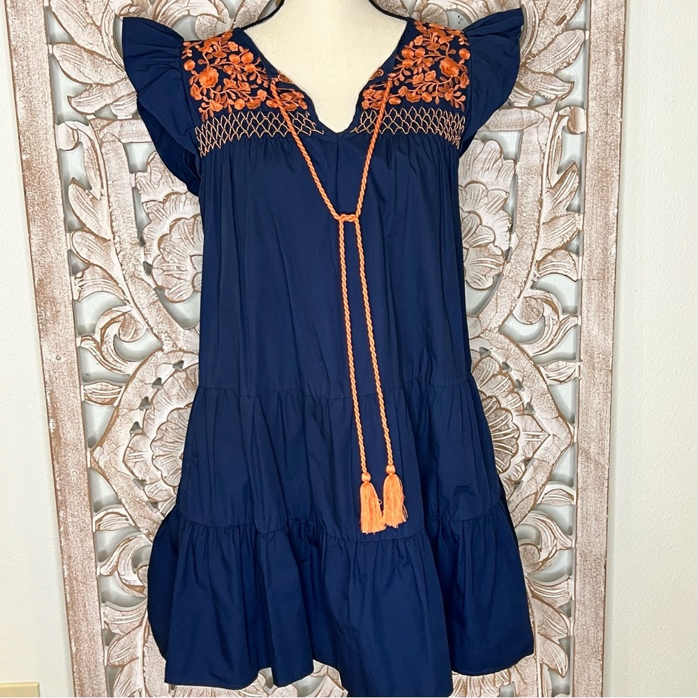EUC L Love Blue Ruffled Navy Orange Embroidered Tiered Sundress w Tassels S M - Picture 2 of 7